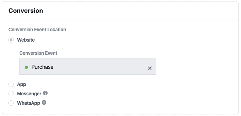 An ad set that has the “Purchase” conversion event selected. Facebook will then optimize for these conversion results.