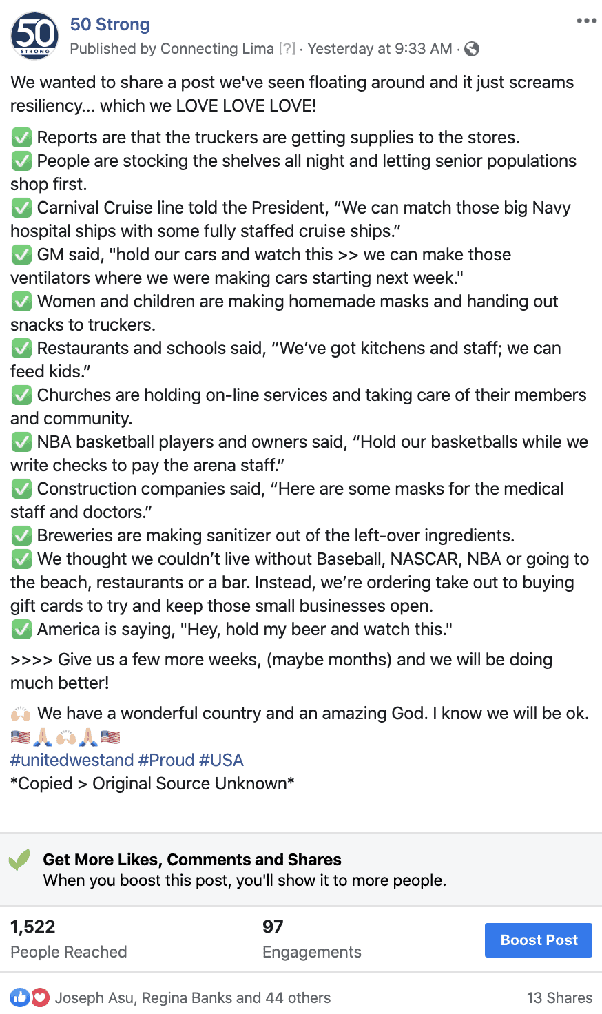 COVID-19 Brand post example